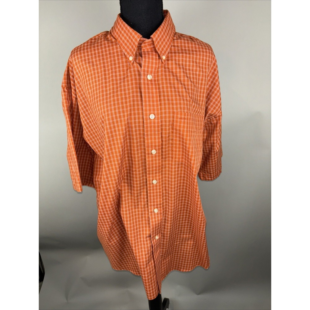 Van Heusen Men's Button Up Short Sleeve Shirt Size XL Orange Checked